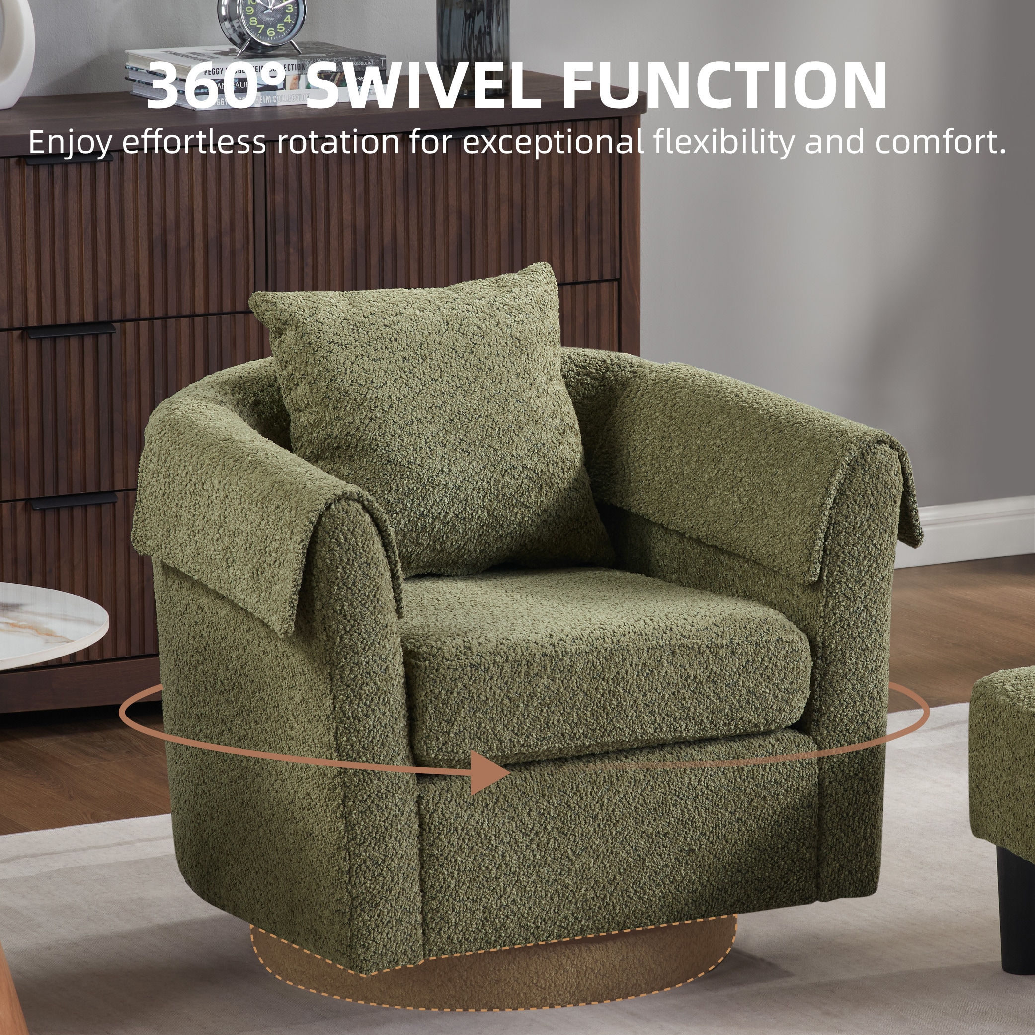 Swivel Accent Chair with Ottoman Set, Modern Chenille Barrel Armchair with Removable Back Pillow & 2 Armrest Covers for Living Room, Bedroom, Office, Green Swivel Accent Chair with Ottoman Set, Modern Chenille Barrel Armchair with Removable Back Pillow & 2 Armrest Covers for Living Room, Bedroom, Office, Green